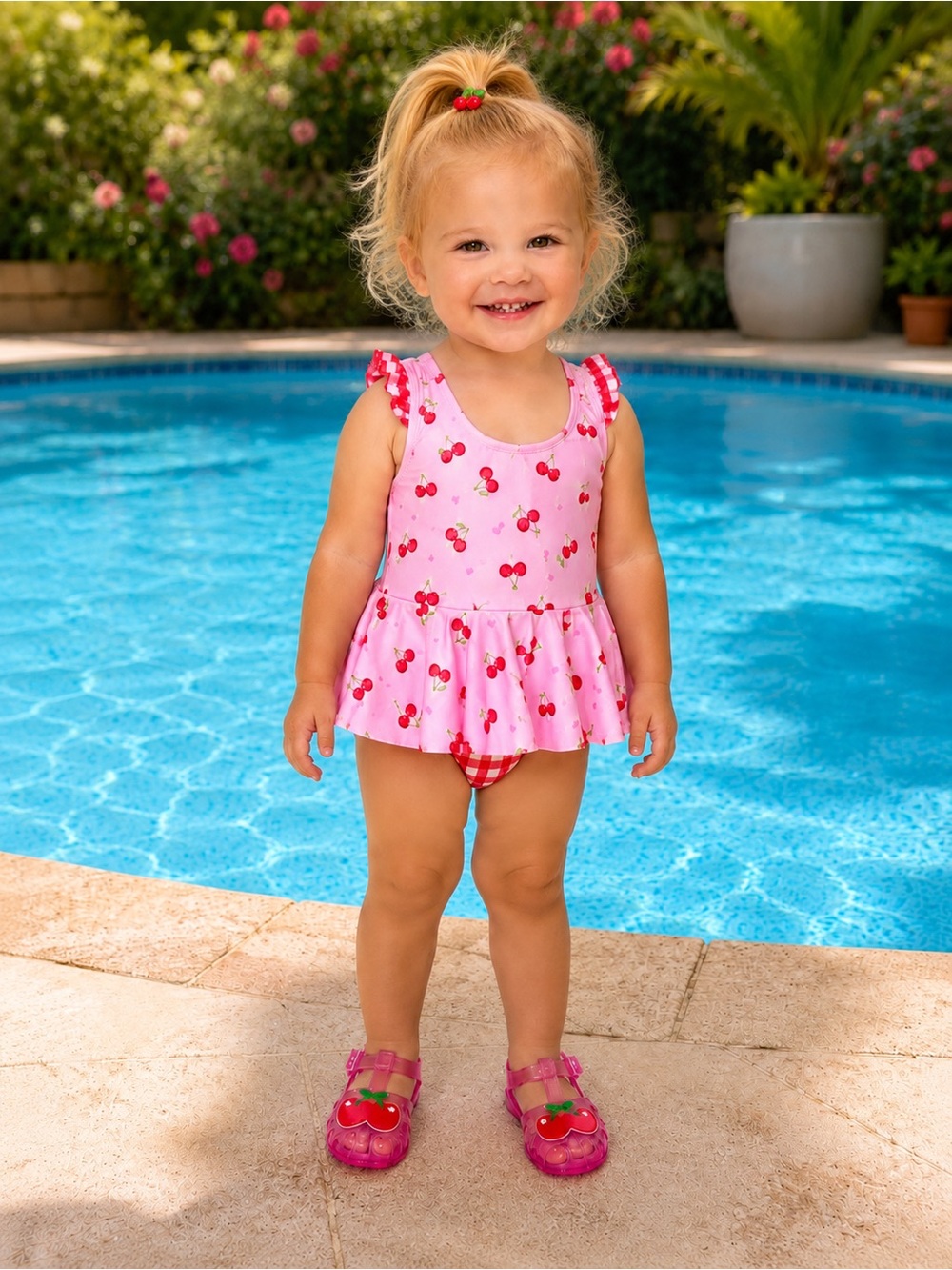 Pink Cherry Print Toddler Girl’s One Piece With Ruffled Skirt